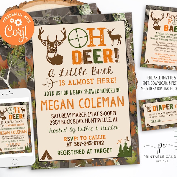 Hunting Baby Shower Invitation Camo Deer Invite Baby Boy Theme Editable Template Printable