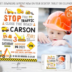 Construction Birthday Invitation Yellow Dump Truck Editable Invite Caution Party Photo Template Instant Download Printable