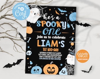 Editable Halloween Blue Ghost 1st Birthday Invite Boy Hey Boo Theme Spooktacular Invitation Template Instant Download Printable