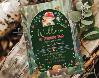 May include: A green invitation with a mushroom house and a fairy in a forest setting. The text reads "Willow is turning two, celebrate with us in the Enchanted Forest, August 13th, from 2-4 PM, Willow's Mushroom Cottage, 6824 Foxtail Lane, Fairy Fern Forest 23412, rsvp to 134-467-2465".