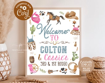 Cowboy Cowgirl Welcome Sign 1st Rodeo Birthday Party Theme Sibling Wild West Door Sign Pink Blue Ranch Decor Printables Instant Download