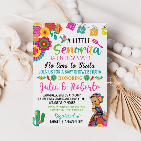 Fiesta Girl Baby Shower Invitation Template Señorita Floral Mexican Theme Cactus Editable File Printable