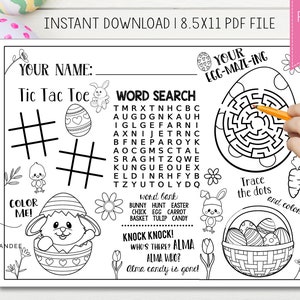 May include: A printable Easter-themed placemat with activities for kids. It features a tic-tac-toe game, a word search, a maze, and a connect-the-dots activity. The placemat is black and white and ready to be colored.