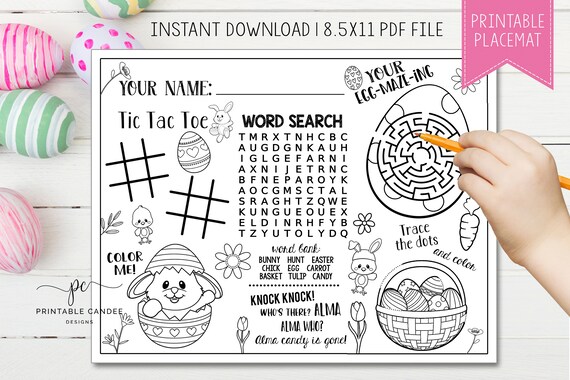Kids Easter Placemat Spring Bunny Table Printable Easter Party Activity Coloring Craft Printable Games