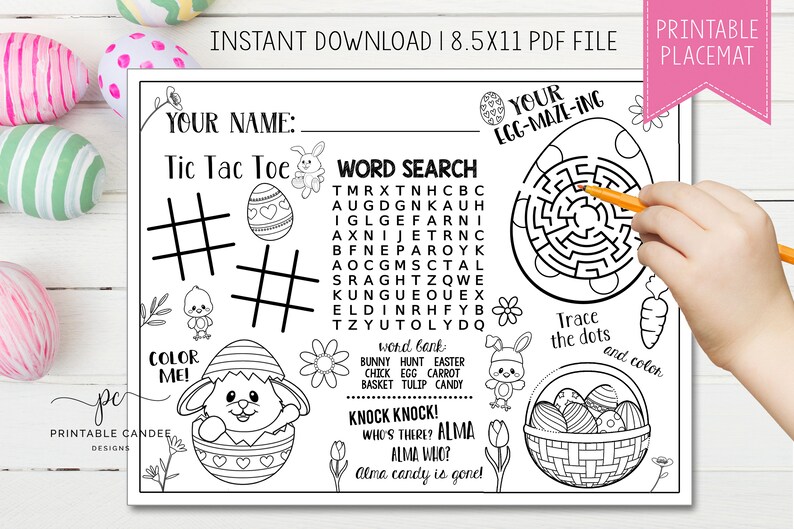 May include: A printable Easter-themed placemat with activities for kids. It features a tic-tac-toe game, a word search, a maze, and a connect-the-dots activity. The placemat is black and white and ready to be colored.