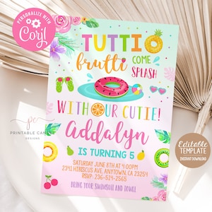 May include: A colorful invitation for a 5th birthday party with a tropical fruit theme. The invitation says "Tutti Frutti Come Splash With Our Cutie! Addalyn Is Turning 5". The invitation includes a date, time, address, and RSVP information.