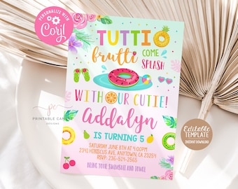 Invitación de cumpleaños "Tutti Frutti" para fiesta en la piscina de frutas, plantilla editable para fiesta de sandía tropical de verano.
