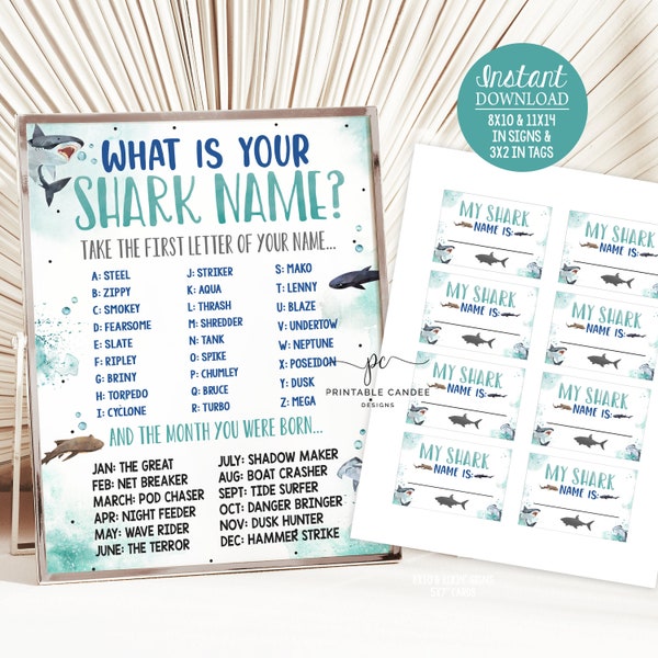 Shark Name Game Boy Shark Birthday Sign Shark Party Activity What's Your Shark Name Printable Decor SHB24