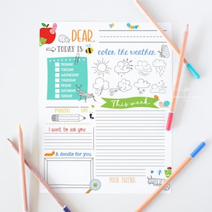 Guía de cartas para amigos por correspondencia para niños Página para colorear de insectos que escriben cartas Descarga instantánea Archivo imprimible