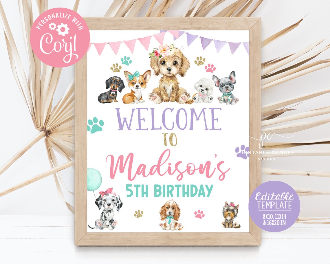 Editable Girl Puppy Welcome Sign Dog Birthday Party Pink - Etsy