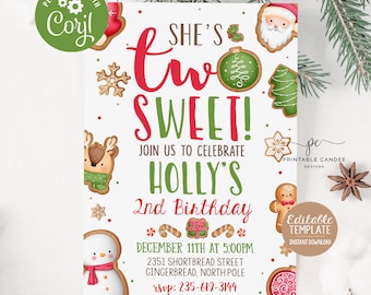 Editable Christmas Birthday Invitation Holiday Cookie Party 2nd Birthday Invite Two Sweet Christmas First Template Instant Download