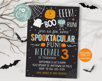May include: A black and white Halloween party invitation with a spooky theme. The invitation features a ghost, a pumpkin, and a Frankenstein monster. The text reads "EEEK! BOO RUNI join us for some SPOOKTACULAR FUN! MICHAEL 3 IS TURNING SEPTEMBER 15 AT 3:00PM 4532 SPOOKY ST. ANYTOWN, GA 44521 RSVP: TO 456-325-2434 COME DRESSED IN YOUR COSTUMES!"