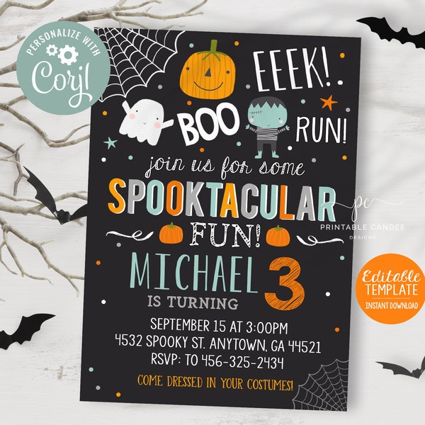 Invitación de cumpleaños de Halloween Fiesta de disfraces Niño Invitar Tema Spooktacular Sin foto Descarga instantánea Archivo editable Imprimible