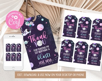 Editable Space Favor Tags Trip Astronaut Girl Pink Favors Galaxy Party Theme Decor Template Printable Instant Download