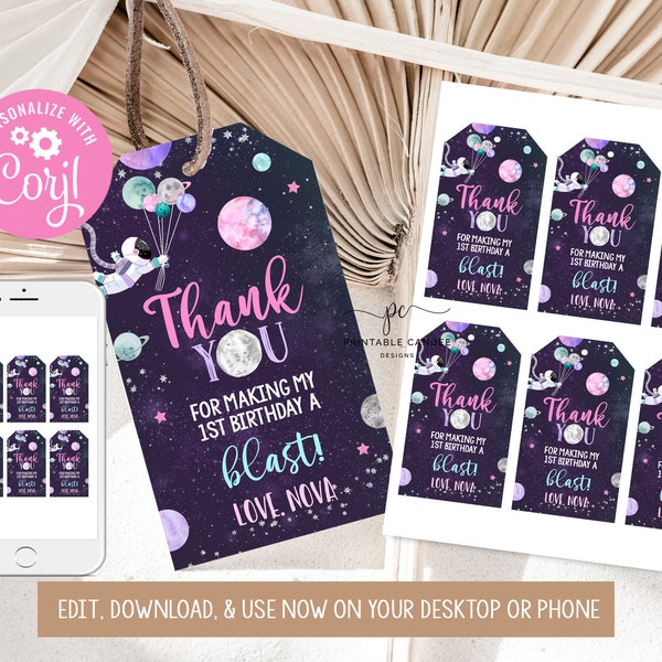 Editable Space Favor Tags Trip Astronaut Girl Pink Favors Galaxy Party Theme Decor Template Printable Instant Download