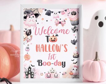 Letrero de bienvenida de cumpleaños de Halloween rosa editable, decoración de mesa para fiesta de fantasmas de niña, plantilla imprimible con temática espeluznante PGSTN