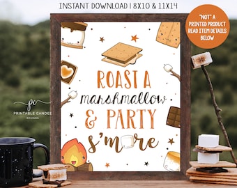 May include: Printable sign with a white background and brown text that says "Roast a marshmallow & Party S'more". The sign is decorated with cartoon images of s'mores, a campfire, and stars.
