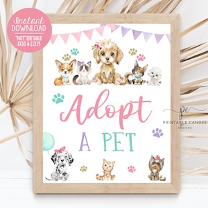 Pet Adoption Sign Dog Birthday Party Adopt a Pet Decor Kitten Theme Girl Cat Activities Watercolor Printable Decor