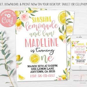 Lemonade Birthday Invitation Template Pink Lemonade Sunshine Fun Printable Lemon 1st Birthday Party Invite Editable