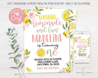 Limonade Geburtstag Einladung Vorlage Pink Lemonade Sunshine Spaß druckbare Zitrone 1. Geburtstagsparty einladen bearbeitbar