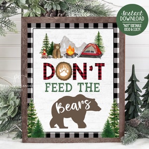 Camping Don&#39;t Feed the Bears Sign Party Decor Black Lumberjack One happy Camper Signs Birthday Party Printables Instant Download
