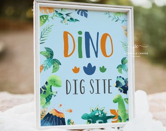 Niebieski Dinozaur Dig Site Sign Boy Dino Birthday Table Signs Wydrukuj Dekorację Imprezową NBDP