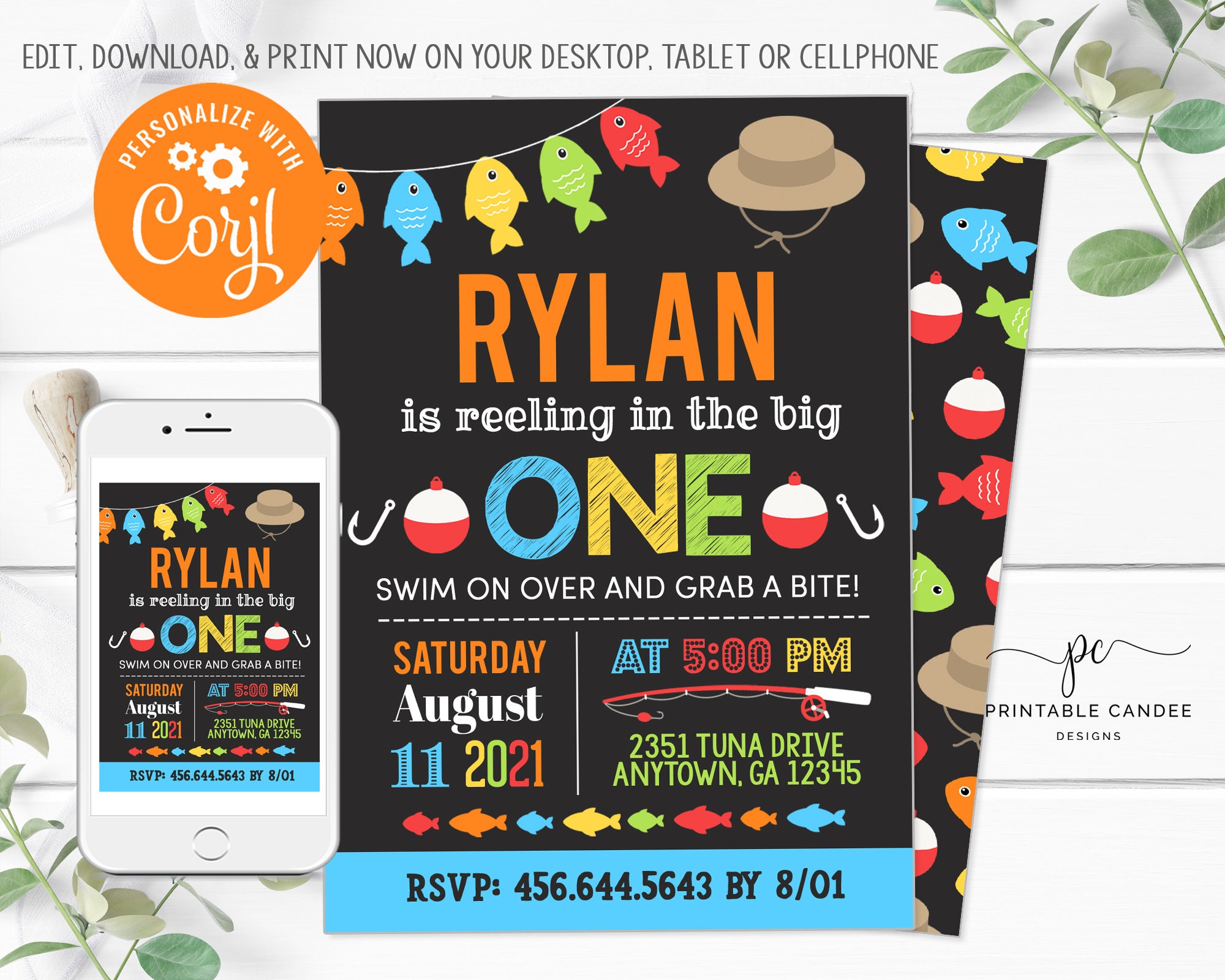 Fishing birthday Invitation Big one Party Invite Outdoor Theme Fishing 1st Birthday Editable Template