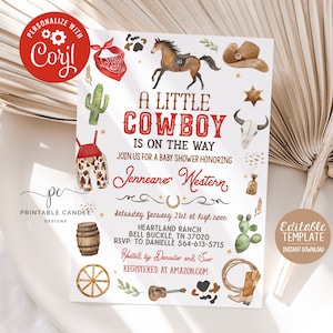 Editable Cowboy Baby Shower Invitation Red Little Cowboy Invite Wild West Theme Ranch It&#39;s a Boy Template Printable Instant Download