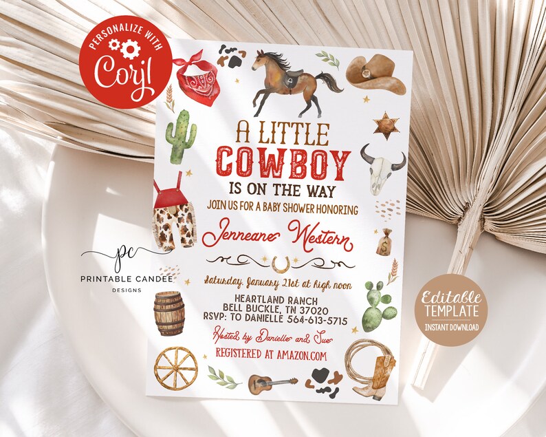 Editable Cowboy Baby Shower Invitation Red Little Cowboy Invite Wild West Theme Ranch Its a Boy Template Printable Instant