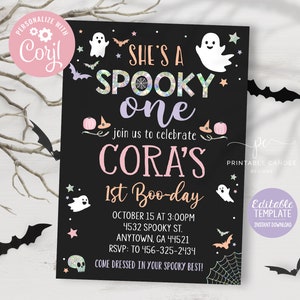 Halloween 1st Birthday Invitation Pastel Costume Party Girl Invite Theme Holographic Spooky One Instant Download Editable File Printable