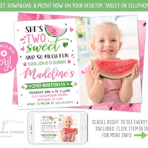 Watermelon Invitation Two Sweet Birthday invite 2nd Birthday Pink Watermelon Party Summer Instant download Template
