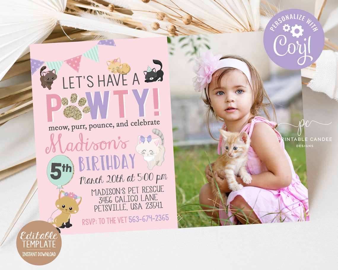 Girl Cat Invitation Editable Kitty Birthday Invitation Instant - Etsy