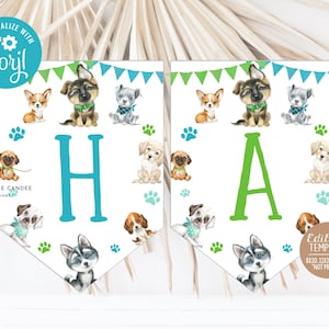 Editable Boy Puppy Party Flags Dog Birthday Party Green Blue Watercolor Pet Theme Pawty Flag Banner Template Printable