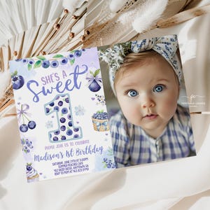 Editable Sweet One Blueberry First Birthday Invitation Blueberries 1st Party Photo Template Summer Invite Printable PSOB