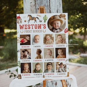 Plantilla de póster del primer año del bebé, primer rodeo, tablero editable con imágenes, collage de fotos de cumpleaños, letrero, decoración roja del lejano oeste, imprimible