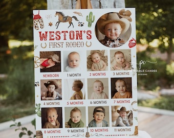 Baby's First Year Poster Template 1st Rodeo Editable Year In Pictures Board Birthday Photo Collage Sign Wild West Red Decor Printable