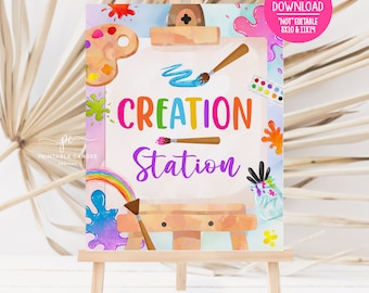 Art Birthday Painting Creation Station Sign Painting Party Decor Rainbow Artist Theme Easel Watercolor Digital Download Printable APG1