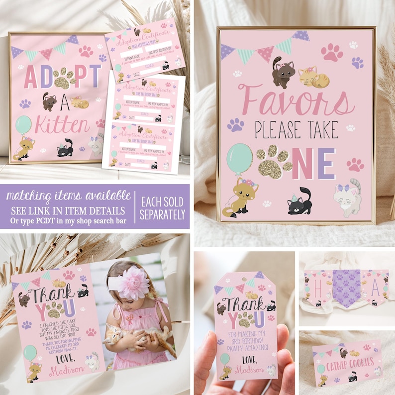 Kitten Party Adoption Sign with Certificates Pink Cat Activity Pawty Birthday Decor Printable PCDT image 5
