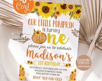 Zucca girasole primo compleanno invito ragazza tema festa autunnale modello invito autunnale download immediato file modificabile