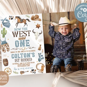Modificabile How The West Was One Invito di compleanno Cowboy Blue 1st Rodeo Party Invito Ranch Tema Foto Modello Stampabile Download immediato