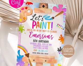 Editable Art Birthday Invitation Painting Party Invite Rainbow Artist Theme Brushes Easel Watercolor Digital Template APG1