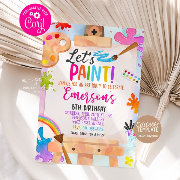 Editable Art Birthday Invitation Painting Party Invite Rainbow Artist Theme Brushes Easel Watercolor Digital Template APG1