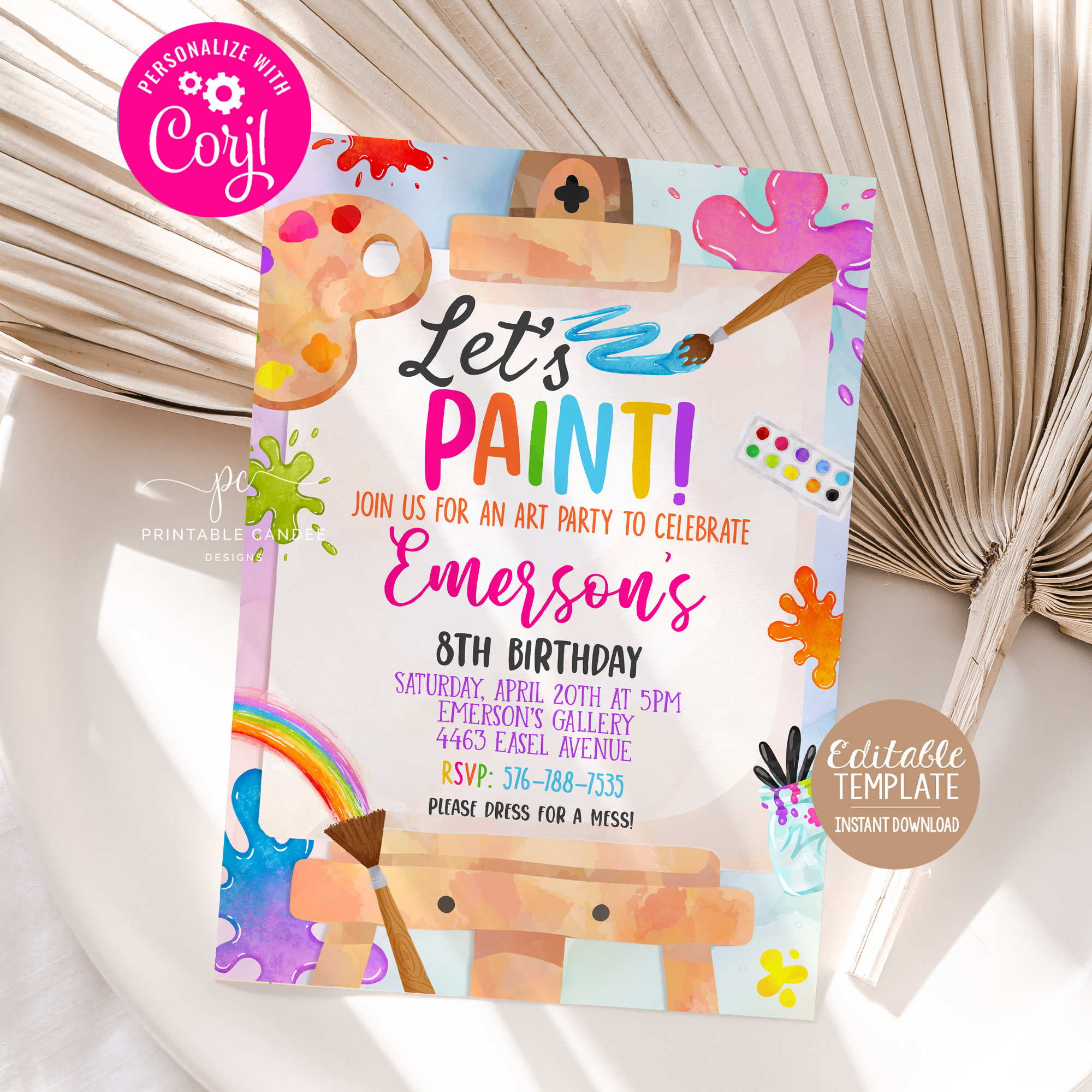 Editable Art Birthday Invitation Painting Party Invite Rainbow Artist Theme  Brushes Easel Watercolor Digital Template APG1 - Etsy, image size:2000x2000