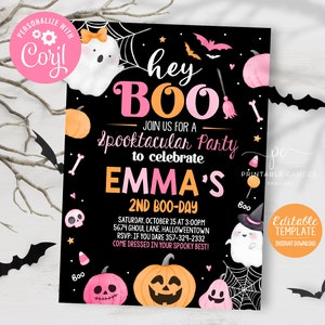 May include: A pink and black printable invitation for a spooky birthday party. The invitation features a ghost, bats, pumpkins, and the text "Hey Boo! Join us for a Spooktacular Party to celebrate Emma's 2nd Boo-Day".