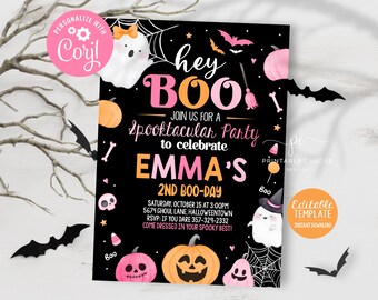 Editable Halloween Pink Ghost Birthday Invite Girl Hey Boo Theme Spooktacular Invitation Template Instant Download Printable