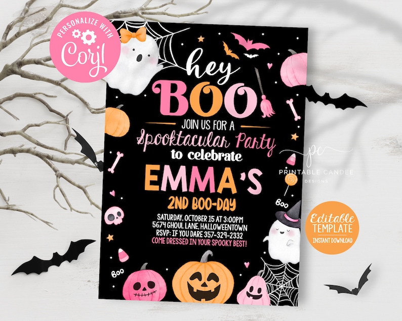 May include: A pink and black printable invitation for a spooky birthday party. The invitation features a ghost, bats, pumpkins, and the text "Hey Boo! Join us for a Spooktacular Party to celebrate Emma's 2nd Boo-Day".