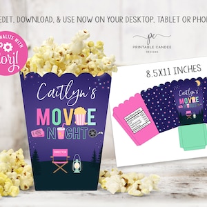Backyard Movie Night Printable Popcorn Box Template Outdoor Movie Birthday Party Party Editable Girl Sleepover Instant Download