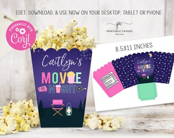 Backyard Movie Night Printable Popcorn Box Template Outdoor Movie Birthday Party Party Editable Girl Sleepover Instant Download