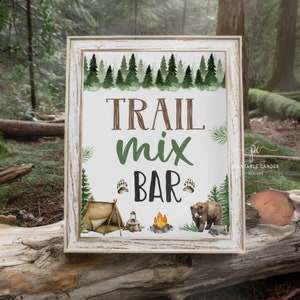 Trail Mix Bar Sign Camping Party Decor Lumberjack One happy Camper Signs Bear Birthday Party Printables Instant Download OHPNT
