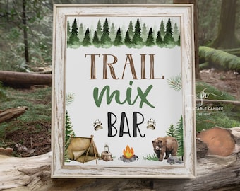 Trail Mix Bar Sign Camping Party Decor Lumberjack One happy Camper Signs Bear Birthday Party Printables Instant Download OHPNT